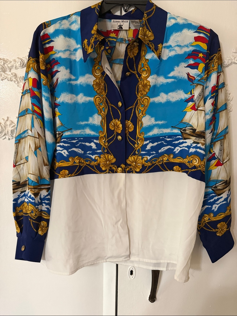 Women's Nautical Print Button-Down Shirt - Blue & White